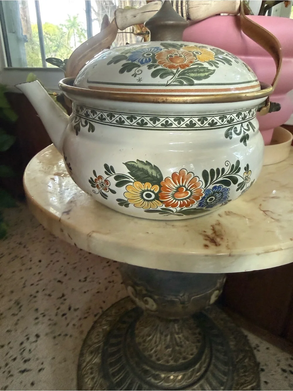 Vintage ASTA Floral Enamel Tea Kettle with Wood AND brass Handle